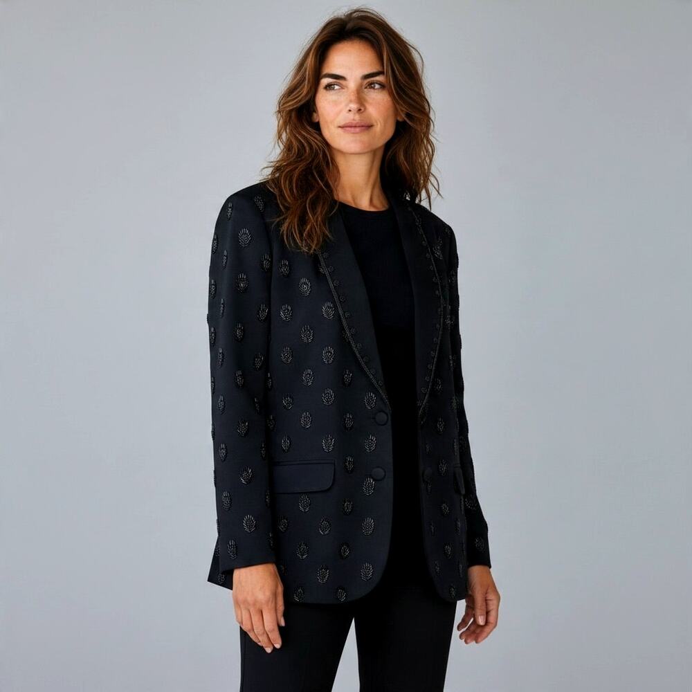 Vintage ANYA Black Wool Blazer S Beaded Embellished Jacket Made Hong Kong